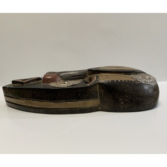 Carved Wooden Face Mask Metal Inlay Open Mouth Tribal Ethnic Cultural Decor READ - Picture 5 of 15